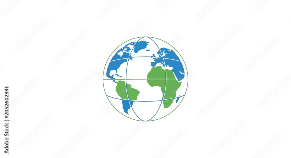Fototapeta premium Illustrated globe graphic depicting the continents in blue and green against a white background