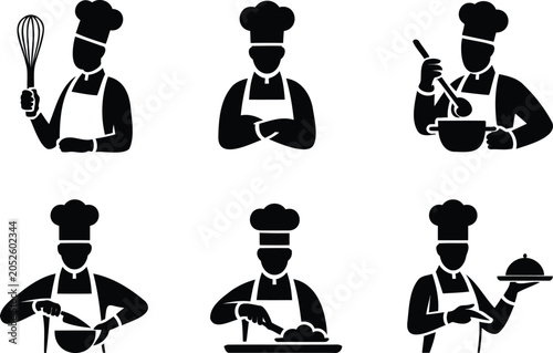 Collection of six minimalist silhouette icons depicting chefs performing various culinary tasks with professional equipment and food items