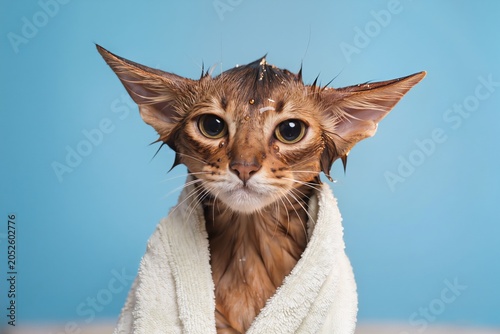 A small wet kitten with oversized ears and wide eyes is wrapped in a white towel against a soft blue backdrop. Water droplets cling to the kitten's fur
