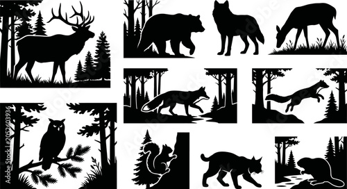Photography Black silhouettes of various wild animals in forest landscape scenes