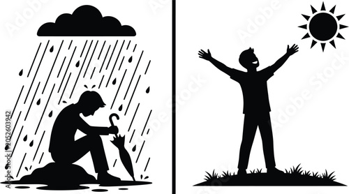 Photography Depression vs happiness conceptual silhouette vector illustration