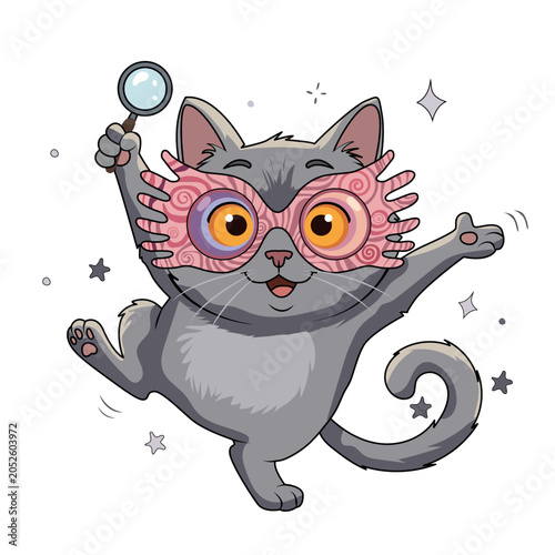 Gray cat in pink funny glasses standing on hind legs, holding a magnifying glass with raised paws – cute vector illustration