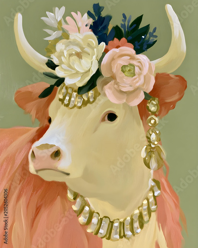 Whimsical Cow Portrait with Floral Crown and Jewelry in Soft Painterly Folk Style