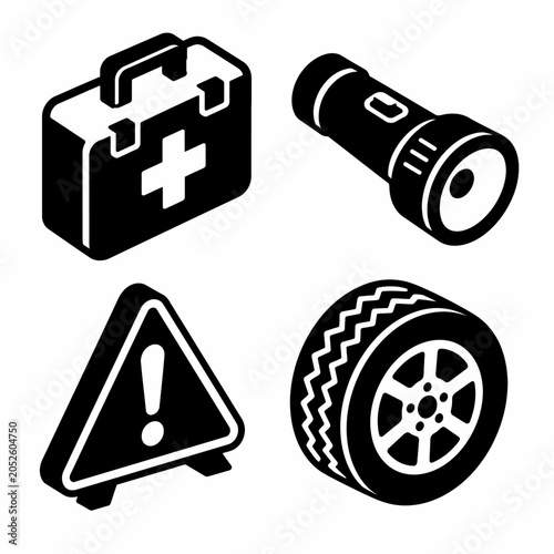 Black and white car safety essentials: first aid kit, flashlight, warning sign, tire icon set