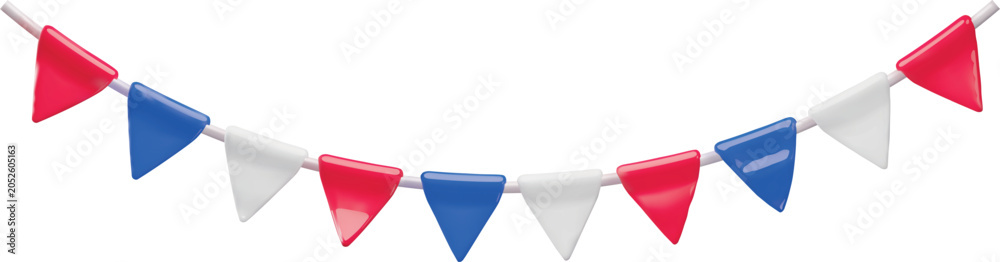 Obraz premium A festive 3D arced garland of triangular flags in red, blue, and white.