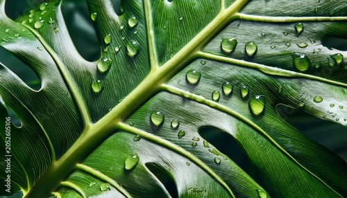 Monstera Leaf Texture With Water Drops In Close Up