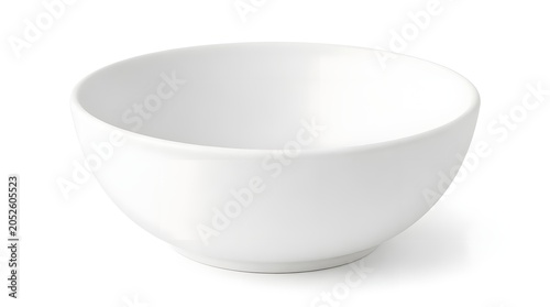 Empty white ceramic bowl on clean white background with soft shadow