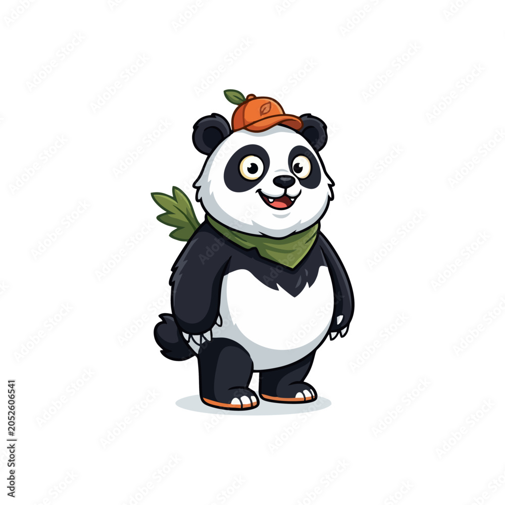 Obraz premium Cute Panda Cartoon Character Wearing Orange Baseball Cap and Green Scarf, Friendly Bear Mascot Vector Illustration Isolated on White Background.