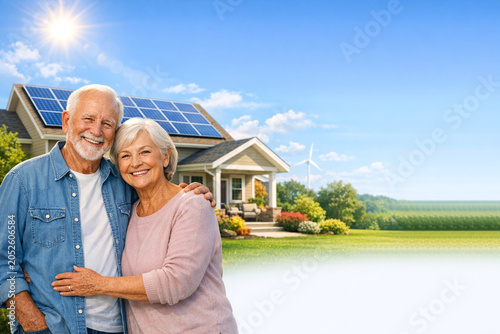 Happy senior couple stands in front of a house with solar panels. Bright sun shines above them. Green grass and trees surround the property. Wind turbine visible in the distance