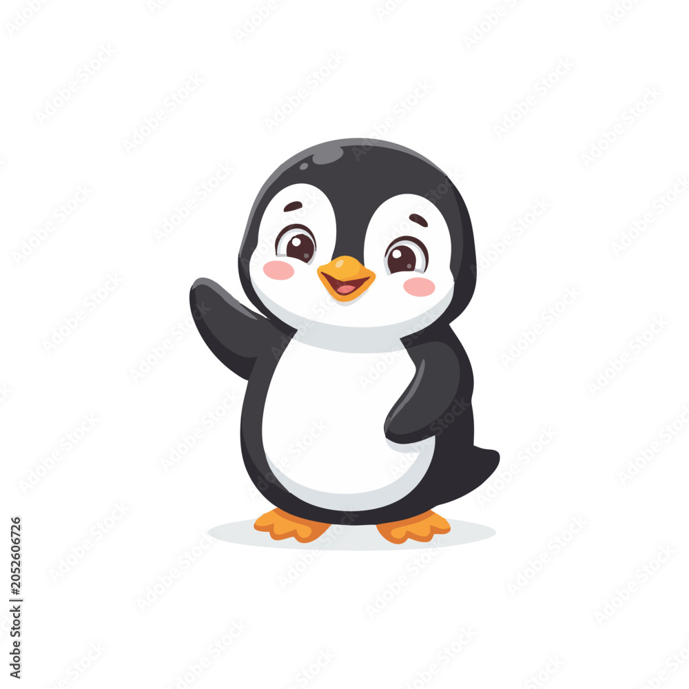 Fototapeta premium Cute Little Penguin Cartoon Character Waving Hand, Friendly Baby Penguin Mascot Vector Illustration Isolated on White Background.