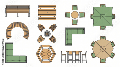 Architectural Outdoor Furniture CAD Block Sheet Top View Seating Symbols Colored Vector Set