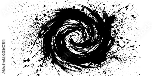 Foto A striking black ink splash forms a dynamic vortex, with scattered droplets radiating outwards, creating a powerful abstract artistic composition