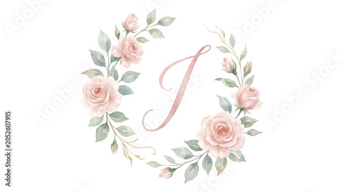 Watercolor floral letter J monogram, elegant pink rose wreath with green leaves, romantic botanical alphabet illustration for wedding invitations