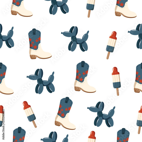 Patriotic cowboy boots, balloon dogs and popsicles seamless pattern for Fourth of July
