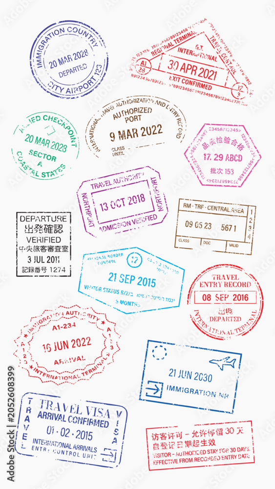 Obraz premium Colorful passport stamps collection design vector elements