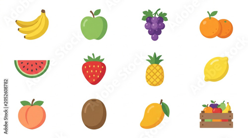 Collection of Fresh Fruits and Vegetables Icons.