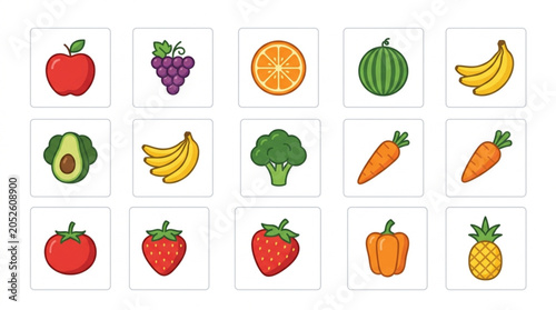 Collection of fresh fruits and vegetables icons on white background.