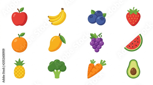 Collection of Fresh Fruits and Vegetables Icons.