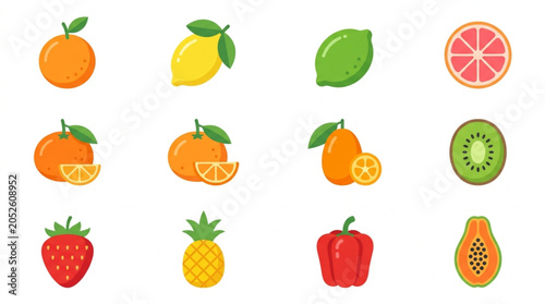Collection of Fresh Fruits and Vegetables Icons.