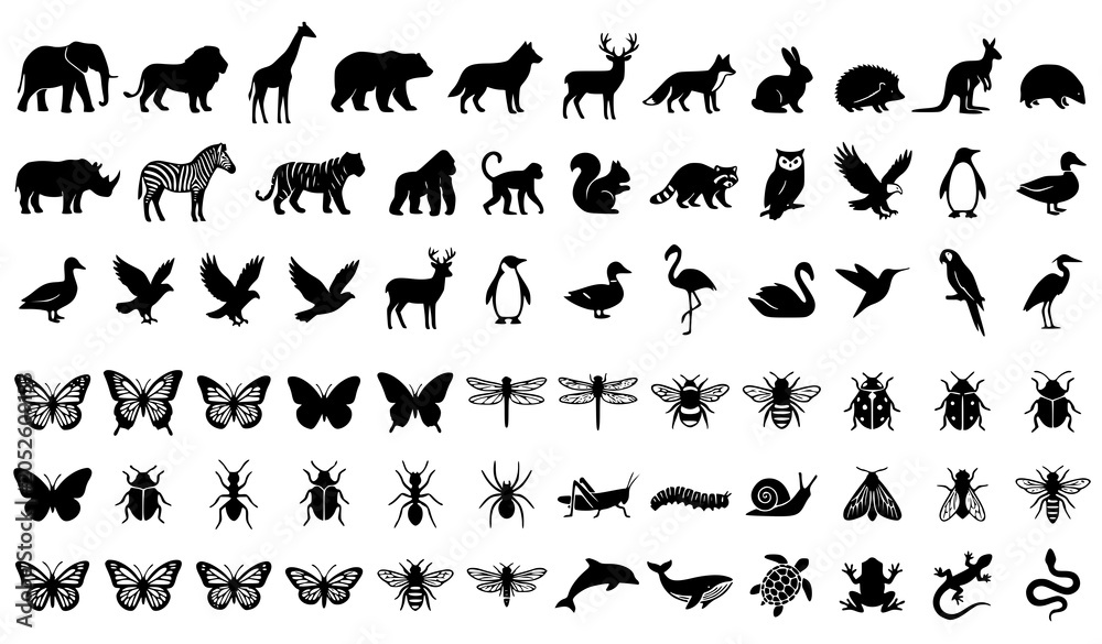 Obraz premium Animal silhouettes collection diverse wildlife and insect vector graphics
