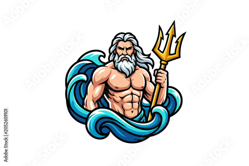 Εκτύπωση καμβά Poseidon Sea God Mascot with Golden Trident and Ocean Waves