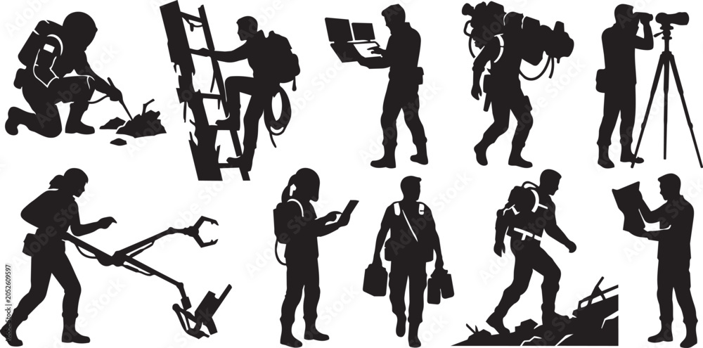 Obraz premium Black silhouettes, people working, occupation icons, laborers, workers set, 10 vector graphics
