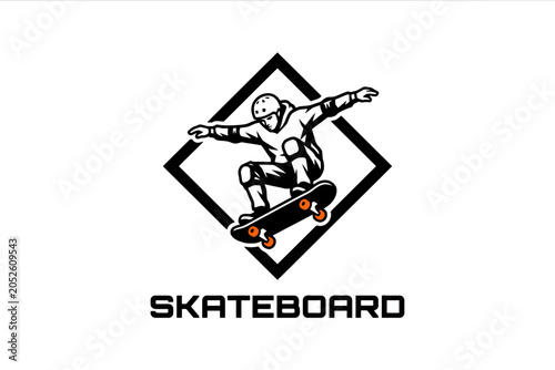 Obraz na plátně Skateboarder performing trick in diamond frame vector illustration
