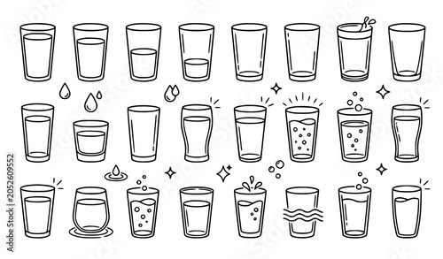 Cuadro en lienzo Line art illustration of various stages of filling a drinking glass with liquid