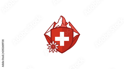 Obraz na płótnie Swiss emblem with alpine mountains, shield and flower design