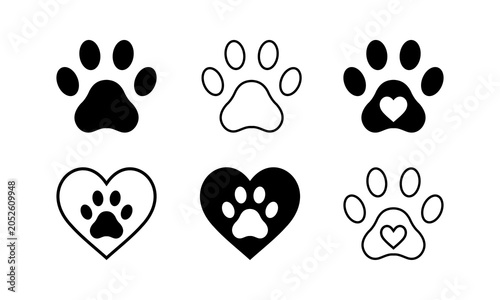 Animal Paw Print Icon Set. Dog and Cat Footprint Track Silhouette Symbol Vector, Isolated on White Background.