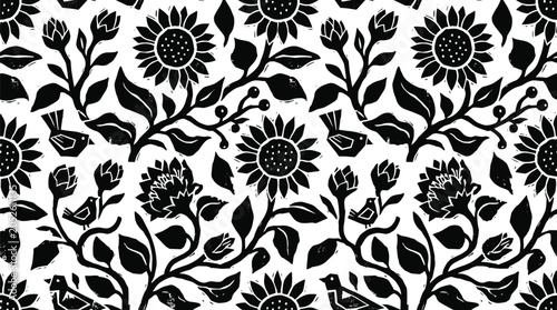 Seamless pattern featuring stylized black sunflowers, leaves, and small birds on a white background, linocut style botanical for textile and wallpaper print