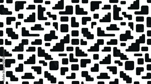 Abstract geometric seamless pattern with black rounded rectangular shapes and staircase steps on a white background