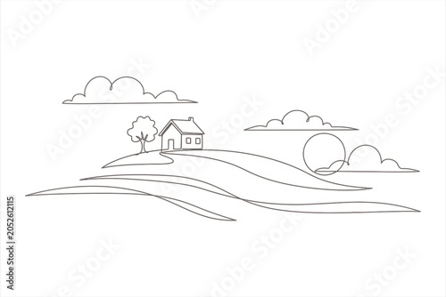 Minimalist continuous line art landscape with house