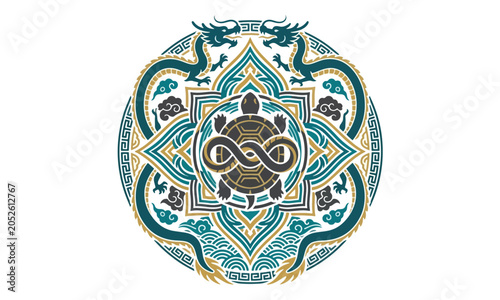 Chinese Dragon and Turtle Circular Emblem with Infinity Symbol