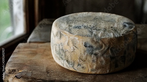 Circular cheese wheel with natural rind and mold on a wooden board.
