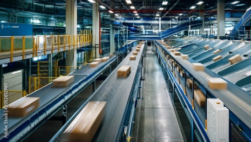 Modern logistics sorting center with packages moving on high-speed conveyor belts.