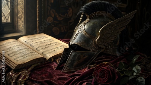 Opera helmet with winged decorations beside sheet music and a rose on velvet.