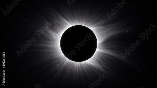 Total solar eclipse, moon covering sun, revealing white corona in dark sky.