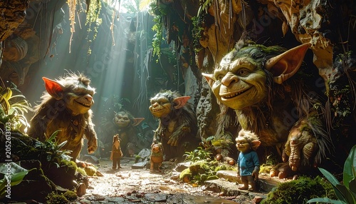 A group of large, fantastical creatures and a small child in a lush, mystical forest