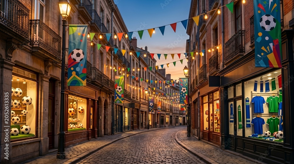 Fototapeta premium Charming European Street Decorated with Soccer Banners and Colorful Bunting Flags at Sunset