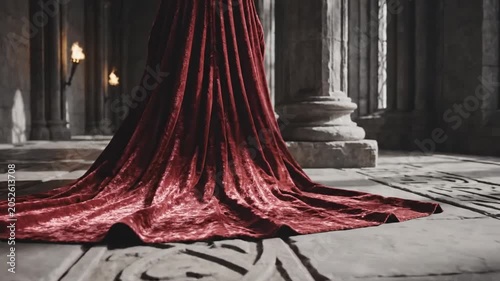 Person in majestic red velvet gown in ancient castle hall