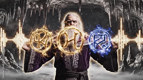 Powerful wizard casting magic spell in dark mystical cave