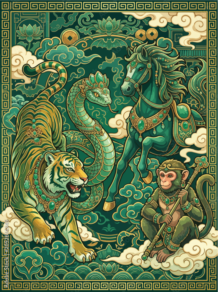Obraz premium Majestic chinese zodiac animals including a tiger snake horse and monkey decorated with ornate emerald jewelry and gold accents in a beautiful traditional artistic green style