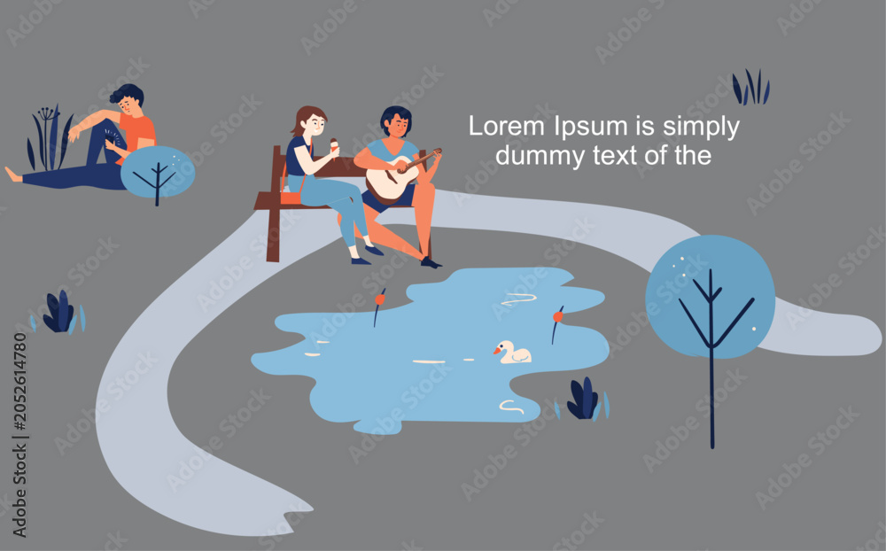 Obraz premium Flat Vector Illustration of Friends Relaxing by a Park Pond with a Man Playing Guitar Isolated on Grey Background