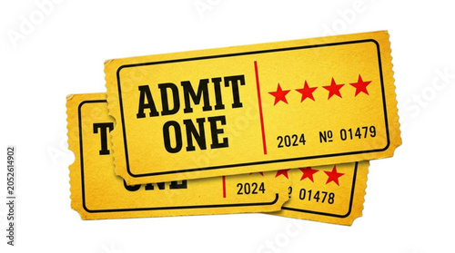 Two yellow admission tickets on white background