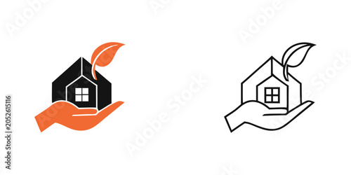 Photos Home Icon With Leaf Two color Flat Design On White Background