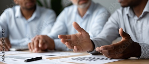 A group of professionals are discussing and engaging in a work-related conversation, with hands gesturing to emphasize points and strategies on printed documents.