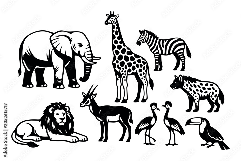 Fototapeta premium African safari animals and birds, including elephant, giraffe, zebra, lion, antelope, hyena, crane, and toucan, isolated on white