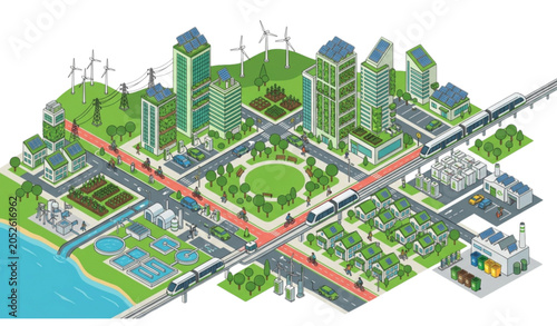 Принти на полотні Isometric Eco City Infographic with Sustainable Urban Development and Environmen