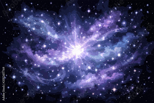 Foto A vibrant, stylized cosmic nebula with a bright central star surrounded by swirling purple and blue gas and countless sparkling stars in deep space